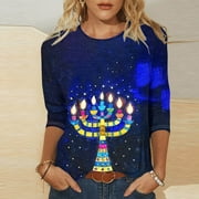 Cavosen Hanukkah Womens 3/4 Sleeve Tops Casual Chanukah Funny Candle Graphic Print Holiday Tops Crewneck Light Happy Festival Blouse Stylish Dressy Shirts Jewish Cute Tshirts L
