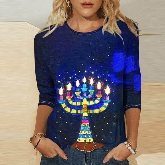 Cavosen Hanukkah Womens 3/4 Sleeve Tops Casual Chanukah Funny Candle Graphic Print Holiday Tops Crewneck Light Happy Festival Blouse Stylish Dressy Shirts Jewish Cute Tshirts L