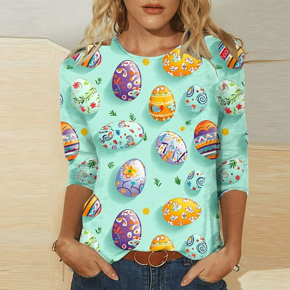 Cavosen Happy Easter 3/4 Length Sleeve Tops for Women Eggs Graphic Print Trendy T Shirts Round Neck Festival Shirts Casual Dressy Holiday Blouse Going out Summer Tees 2XL