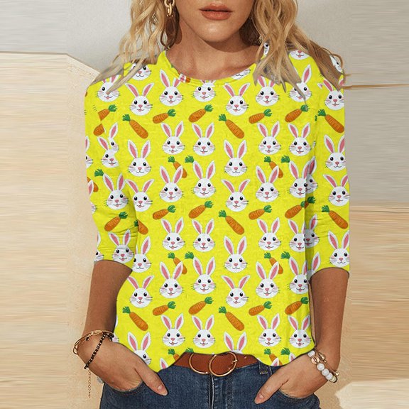 Cavosen Happy Easter 3/4 Length Sleeve Womens Tops Dressy Summer Plus Size Bunny Print Pullover Shirts Crewneck Festival Blouse Vacation Holiday T Shirts Loose Yellow 3XL