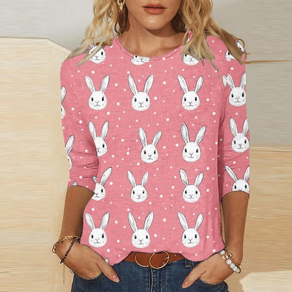 Cavosen Happy Easter 3/4 Length Sleeve Womens Tops Loose Fit Summer Plus Size Bunny Print Pullover Blouse Round Neck Holiday Shirts Vacation Festival Tee Shirts Casual Pink 5XL