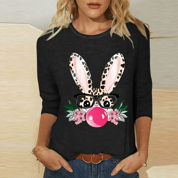 Cavosen Happy Easter 3/4 Length Women's Blouses Summer Bunny Print Pullover Shirts Crewneck Festival Tops Vacation Holiday Tee Shirts Loose Dressy Fashion T Shirts Black L