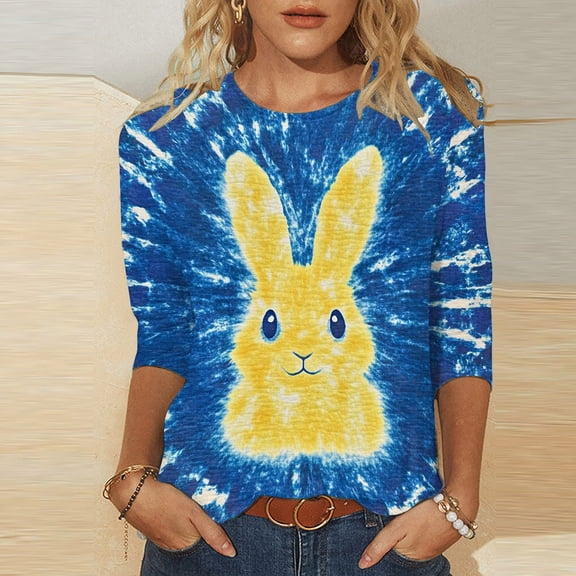 Cavosen Happy Easter 3/4 Sleeve Blouses for Women Summer Bunny Tie Dye Print Pullover Tops Round Neck Festival Shirts Vacation Holiday T Shirts Loose Dressy Fashion Tees S
