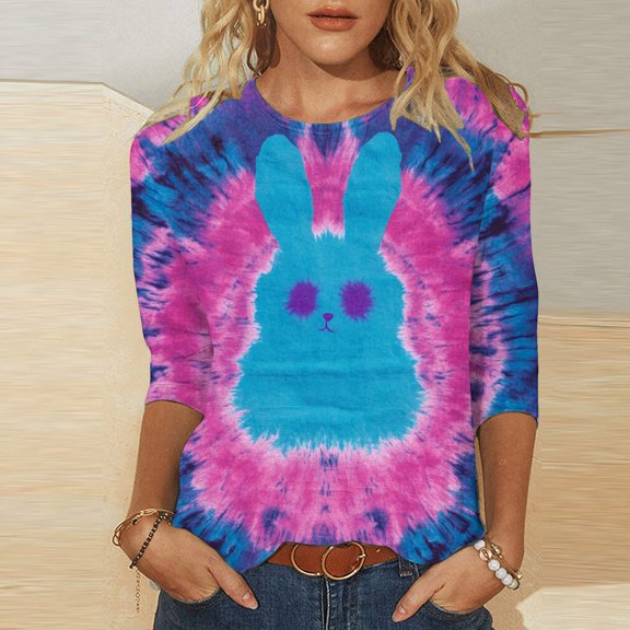 Cavosen Happy Easter 3/4 Sleeve Shirts for Women Lightweight Summer Bunny Tie Dye Print Pullover Blouse Crewneck Festival Tops Vacation Holiday Tee Shirts Loose Dressy XL