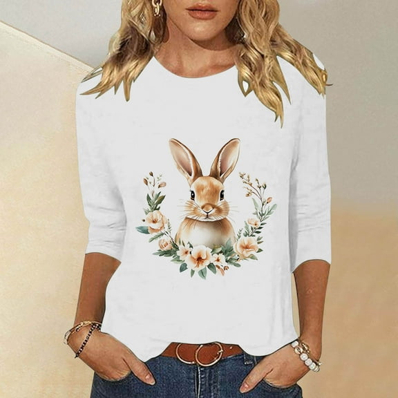 Cavosen Happy Easter 3/4 Sleeve Womens Tops Summer Bunny Floral Print Pullover Blouse Crewneck Holiday Shirts Vacation Festival Tee Shirts Casual Dressy Trendy T Shirts White S