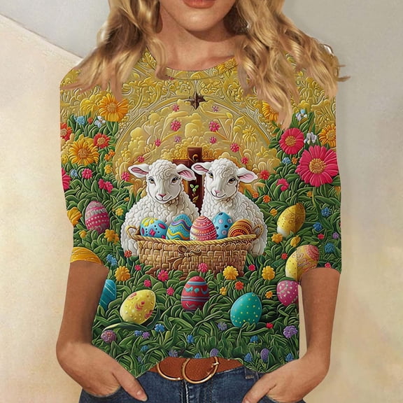 Cavosen Happy Easter Blouses for Women 3/4 Sleeve Cute Bunny Eggs Print Fashion Tops Crewneck Holiday T Shirts Casual Dressy Festival Shirts Going out Summer Tees Plus Size 3XL