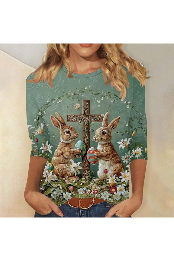 Happy Easter Blouses for Women 3/4 Sleeve Eggs Floral Print Fashion Pullover Tops Round Neck Festival T Shirts Loose Dressy Holiday Shirts Going out Summer Tees XL