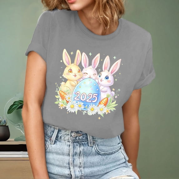 Cavosen Happy Easter Casual Shirts for Women Short Sleeve Summer Bunny Eggs Print Pullover Tops Crewneck Festival Blouse Vacation Holiday T Shirts Loose Dressy Tees Gray XL