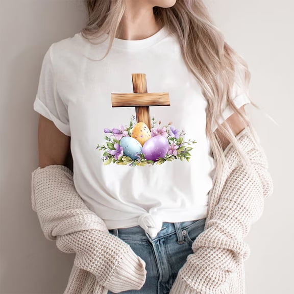 Cavosen Happy Easter Casual Shirts for Women Short Sleeve Summer Eggs Blessed Cross Print Pullover Tops Round Neck Festival Blouse Vacation Holiday Tee Shirts Loose Dressy S