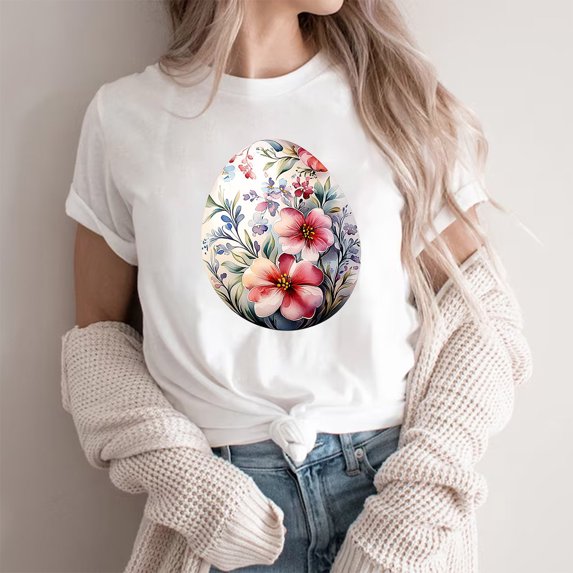 Cavosen Happy Easter Casual Tops for Women Short Sleeve Summer Eggs Floral Print Pullover Blouse Crewneck Holiday Shirts Vacation Festival T Shirts Loose Dressy Stylish Tees M