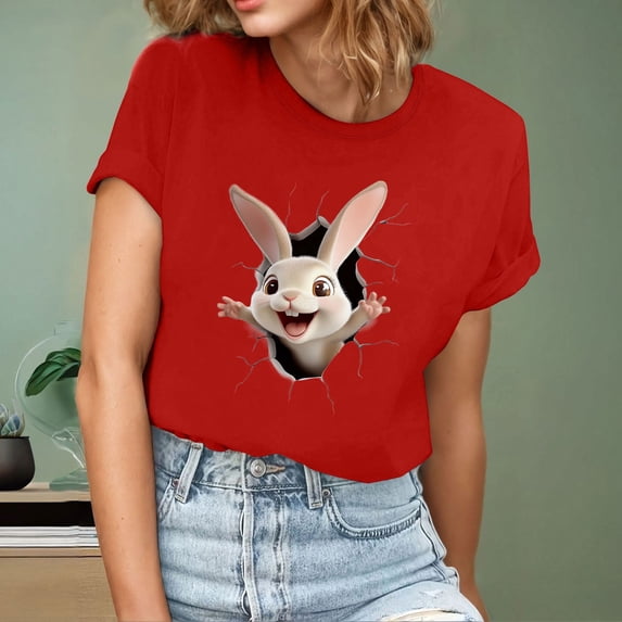 Cavosen Happy Easter Cute Shirts for Women Short Sleeve Summer Plus Size Bunny Print Pullover Blouse Round Neck Holiday Tops Vacation Festival T Shirts Loose Dressy Red 3XL
