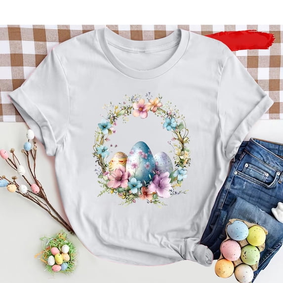 Cavosen Happy Easter Cute Short Sleeve Tops for Women Summer Eggs Floral Print Pullover Blouse Round Neck Holiday Shirts Vacation Festival Tee Shirts Casual Dressy White XL