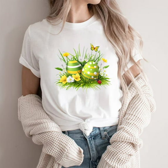 Cavosen Happy Easter Cute Short Sleeve Tops for Women Summer Plus Size Eggs Print Pullover Shirts Round Neck Festival Blouse Vacation Holiday Tee Shirts Loose Dressy T Shirts 3XL
