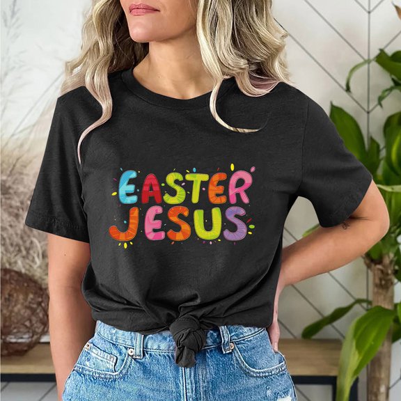 Cavosen Happy Easter Cute Womens Tops Short Sleeve Summer Funny Letter Print Pullover Blouse Round Neck Holiday Shirts Vacation Festival Tee Shirts Casual Dressy Black XL