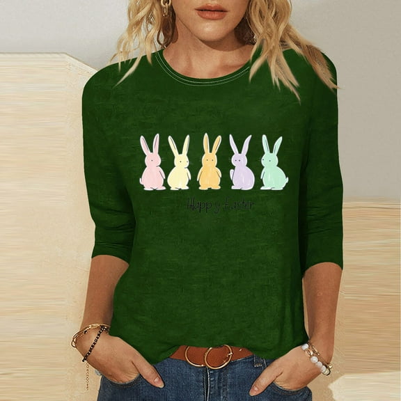 Cavosen Happy Easter Dressy Tops for Women 3/4 Sleeve Summer Bunny Funny Letter Print Pullover Blouse Crewneck Holiday Shirts Vacation Festival T Shirts Loose Tees Green L