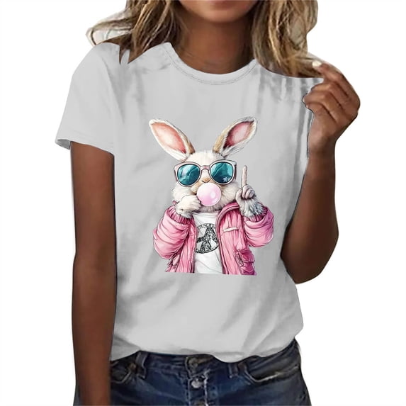 Cavosen Happy Easter Dressy Tops for Women Short Sleeve Summer Cute Bunny Print Pullover Blouse Round Neck Festival Shirts Vacation Holiday T Shirts Loose Trendy Tees Gray L