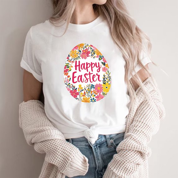 Cavosen Happy Easter Dressy Tops for Women Short Sleeve Summer Eggs Funny Letter Print Pullover Blouse Round Neck Festival Shirts Vacation Holiday Tee Shirts Casual T Shirts 2XL