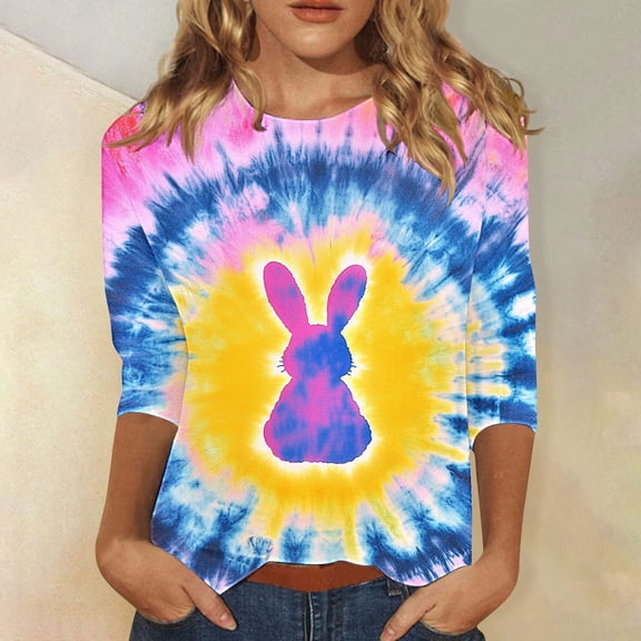 Cavosen Happy Easter Ladies Blouses 3/4 Sleeve Summer Bunny Tie Dye Print Pullover Shirts Crewneck Holiday Tops Vacation Festival Tee Shirts Loose Dressy Stylish T Shirts L