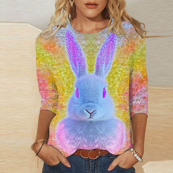 Cavosen Happy Easter Womens Dressy Tops 3/4 Length Sleeves Summer Bunny Print Pullover Shirts Round Neck Festival Blouse Vacation Holiday Tee Shirts Loose Trendy T Shirts XL