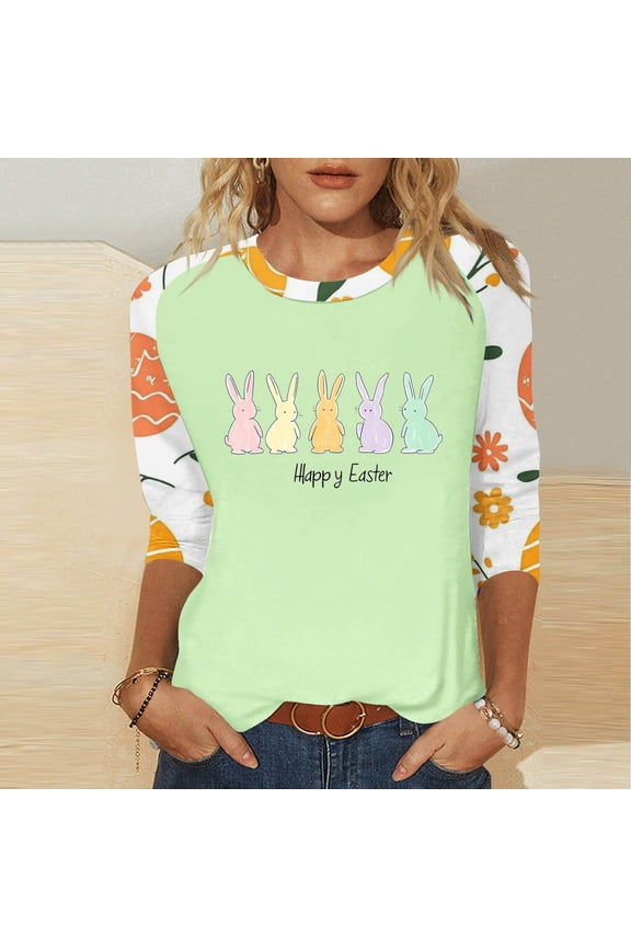 Happy Easter Ladies Tops and Blouses 3/4 Sleeve Dressy Summer Plus Size Bunny Funny Letter Print Shirts Raglan Sleeve Round Neck Festival Blouse Holiday Tee Shirts Green 3XL