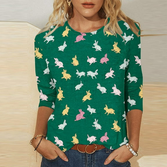 Cavosen Happy Easter Ladies Tops and Blouses 3/4 Sleeve Dressy Summer Plus Size Bunny Print Shirts Round Neck Holiday Blouse Vacation Festival Tee Shirts Casual Green 4XL