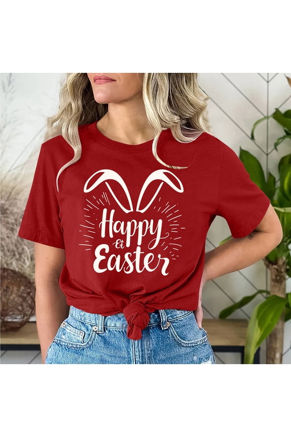 Happy Easter Ladies Tops and Blouses Short Sleeve Summer Bunny Funny Letter Print Pullover Shirts Crewneck Holiday Blouse Vacation Festival Tee Shirts Casual Red 2XL