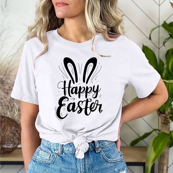 Cavosen Happy Easter Ladies Tops Short Sleeve Dressy Summer Bunny Funny Letter Print Pullover Shirts Crewneck Festival Blouse Vacation Holiday T Shirts Casual Tees White 2XL