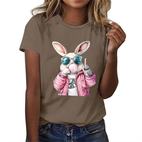 Cavosen Happy Easter Ladies Tops Short Sleeve Dressy Summer Bunny Print Pullover Blouse Round Neck Festival Shirts Vacation Holiday Tee Shirts Loose Stylish T Shirts Brown L