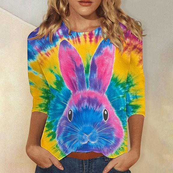 Cavosen Happy Easter Shirts for Women 3/4 Sleeve Summer Bunny Tie Dye Print Pullover Tops Round Neck Festival Blouse Vacation Holiday T Shirts Loose Dressy Fashion Tees M