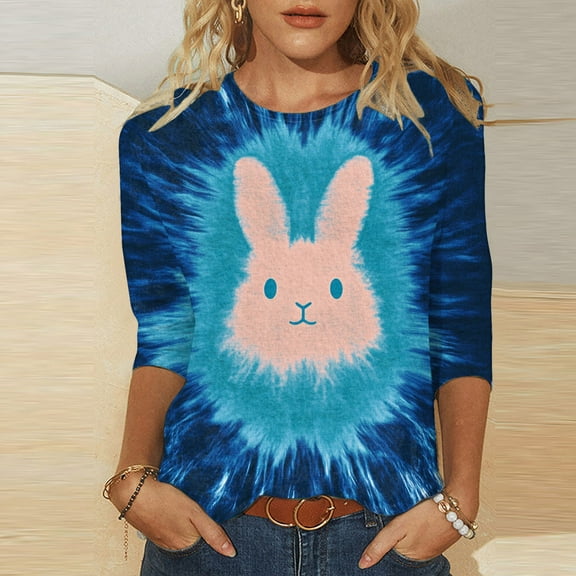 Cavosen Happy Easter Shirts for Women 3/4 Sleeve Summer Bunny Tie Dye Print Pullover Tops Round Neck Holiday Blouse Vacation Festival T Shirts Loose Dressy Trendy Tees XL