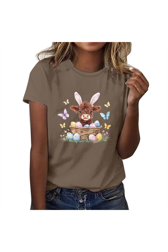 Happy Easter Short Sleeve Blouses Womens Tops Summer Bunny Print Pullover Blouse Crewneck Festival Shirts Vacation Holiday T Shirts Loose Dressy Trendy Tees Brown 2XL