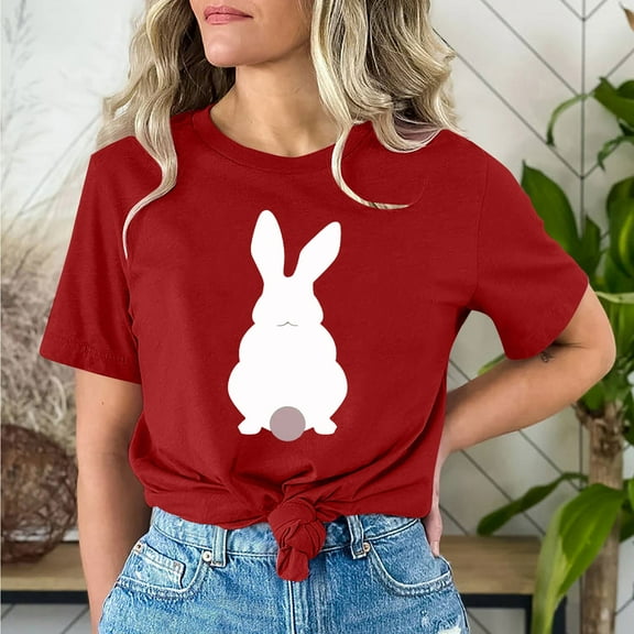 Cavosen Happy Easter Short Sleeve Tops for Women Casual Summer Bunny Print Pullover Shirts Crewneck Holiday Blouse Vacation Festival Tee Shirts Loose Dressy T Shirts Red M