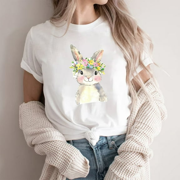 Cavosen Happy Easter Short Sleeve Tops for Women Summer Plus Size Bunny Floral Print Pullover Shirts Crewneck Festival Blouse Vacation Holiday T Shirts Loose Dressy Tees 3XL