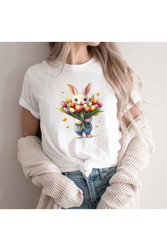 Happy Easter Short Sleeve Womens Tops Flowy Summer Bunny Floral Print Pullover Blouse Round Neck Holiday Shirts Vacation Festival Tee Shirts Casual Dressy T Shirts M