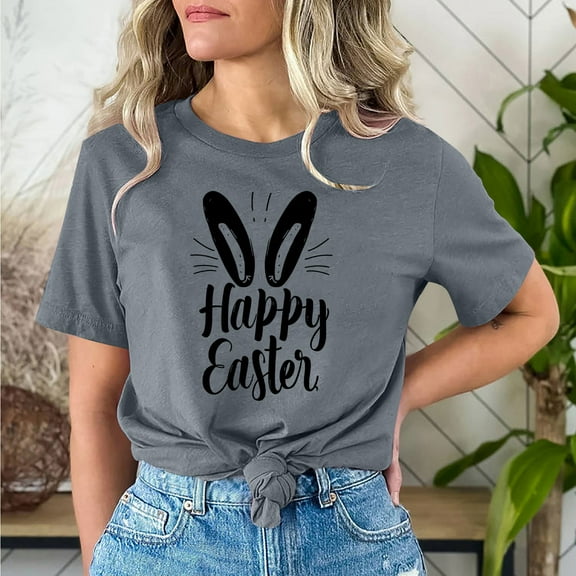 Cavosen Happy Easter Short Sleeve Womens Tops Flowy Summer Bunny Funny Letter Print Pullover Blouse Round Neck Holiday Shirts Vacation Festival Tee Shirts Casual Gray 2XL