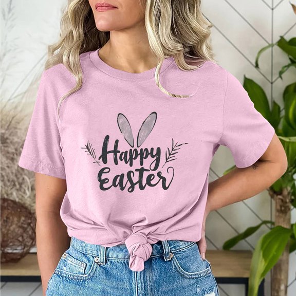 Cavosen Happy Easter Short Sleeve Womens Tops Round Neck Summer Bunny Funny Letter Print Pullover Shirts Holiday Blouse Vacation Festival T Shirts Loose Dressy Tees Pink XL