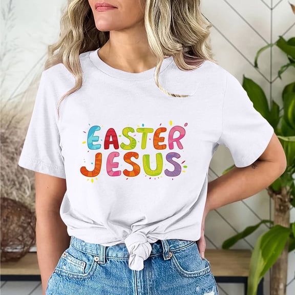 Cavosen Happy Easter Summer Tops for Women Short Sleeves Funny Letter Print Pullover Blouse Round Neck Festival Shirts Vacation Holiday T Shirts Loose Dressy Tees White S