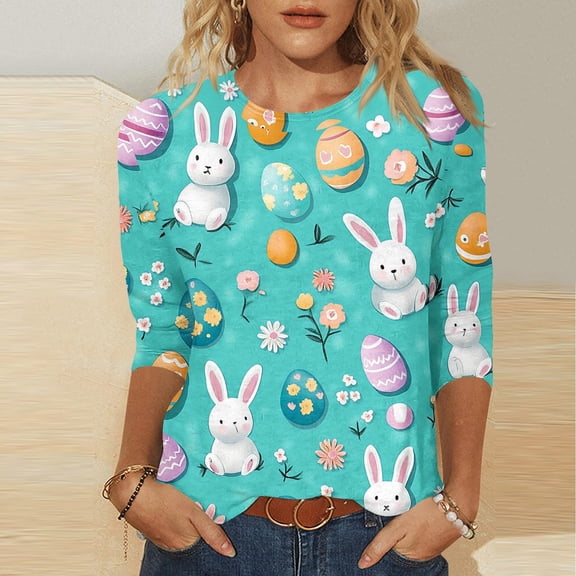 Cavosen Happy Easter T Shirts for Women 3/4 Length Sleeves Summer Bunny Eggs Print Pullover Shirts Crewneck Festival Blouse Vacation Holiday Tops Loose Dressy Tees Blue L