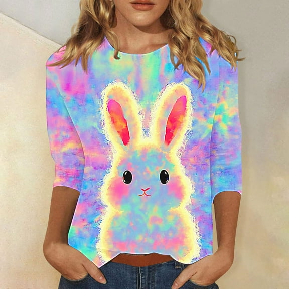 Cavosen Happy Easter T Shirts for Women 3/4 Length Sleeves Summer Bunny Tie Dye Print Pullover Shirts Round Neck Festival Tops Vacation Holiday Blouse Loose Dressy Tees M