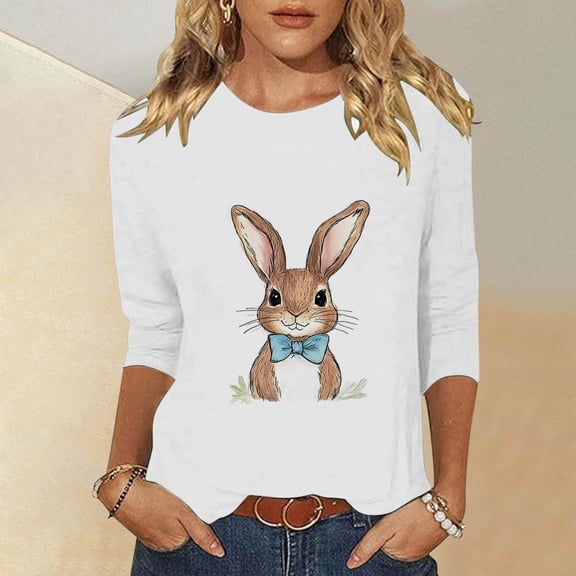 Cavosen Happy Easter Three Quarter Sleeve Womens Tops Summer Bunny Print Pullover Shirts 3/4 Sleeve Round Neck Festival Blouse Vacation Holiday Tee Shirts Loose White 2XL