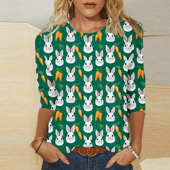 Cavosen Happy Easter Tops for Women 3/4 Sleeve Summer Plus Size Bunny Print Pullover Blouse Crewneck Festival Shirts Vacation Holiday T Shirts Loose Dressy Tees Green 3XL
