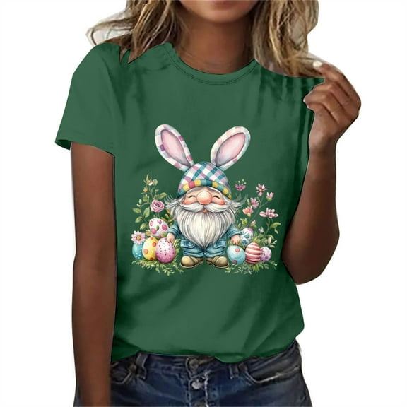 Cavosen Happy Easter Women Tops Short Sleeve Casual Summer Bunny Eggs Print Pullover Blouse Crewneck Festival Shirts Vacation Holiday Tee Shirts Loose Dressy T Shirts Green L