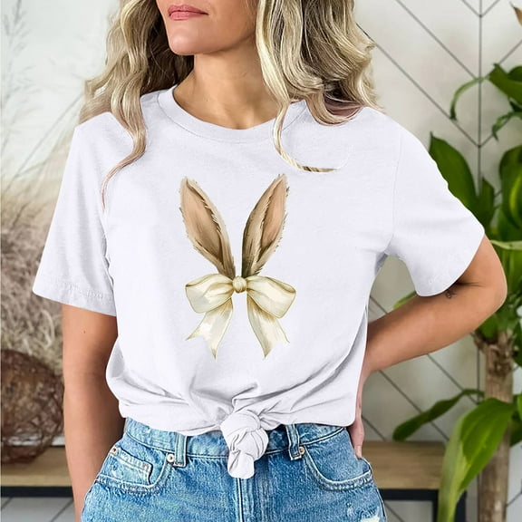 Cavosen Happy Easter Women Tops Short Sleeve Casual Summer Bunny Print Pullover Blouse Round Neck Festival Shirts Vacation Holiday T Shirts Loose Dressy Trendy Tees White XL