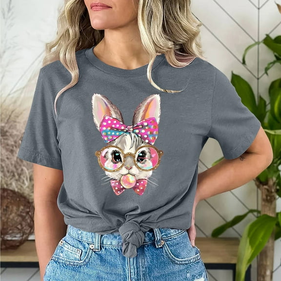 Cavosen Happy Easter Women Tops Short Sleeve Casual Summer Cute Bunny Print Pullover Shirts Crewneck Festival Blouse Vacation Holiday T Shirts Loose Dressy Trendy Tees Gray L
