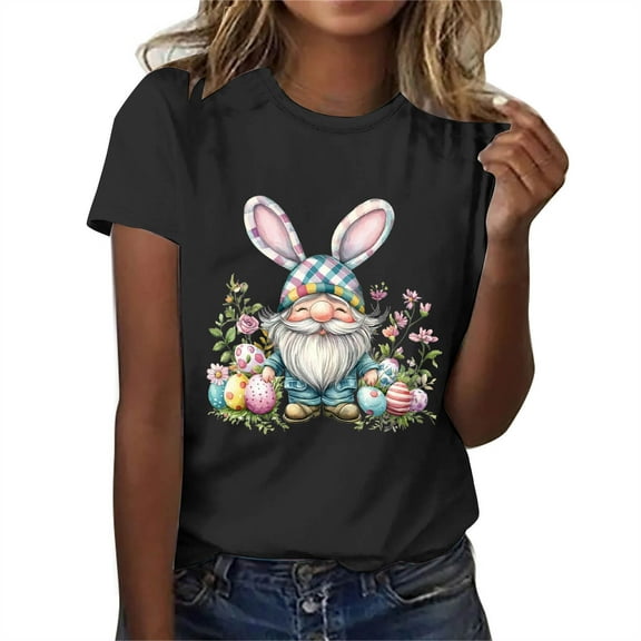 Cavosen Happy Easter Blouses for Women Short Sleeve Shirts Casual Summer Bunny Eggs Print Pullover Shirts Crewneck Festival Tops Vacation Holiday T Shirts Loose Dressy Black XL