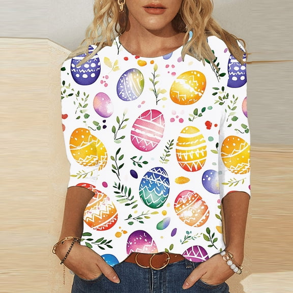 Cavosen Happy Easter Women's 3/4 Sleeve Tops and Blouses Summer Eggs Print Pullover Shirts Round Neck Holiday Blouse Vacation Festival Tee Shirts Casual Dressy T Shirts XL