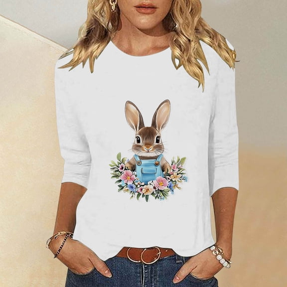 Cavosen Happy Easter Women's Shirts 3/4 Sleeve Length Summer Bunny Floral Print Pullover Tops Crewneck Festival Blouse Vacation Holiday T Shirts Loose Dressy Tees White L