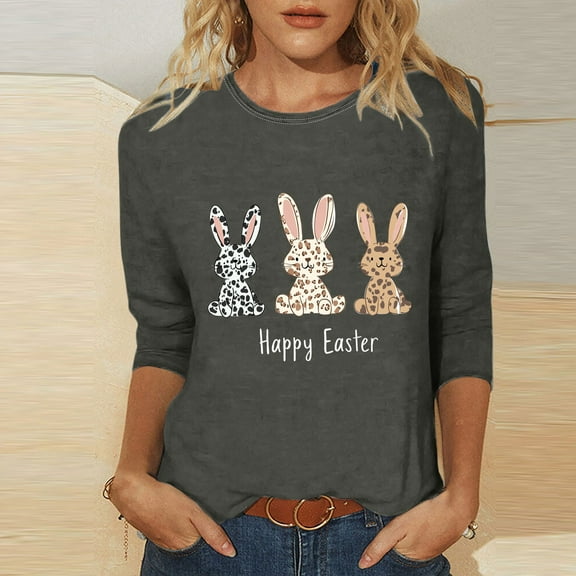 Cavosen Happy Easter Women's Shirts 3/4 Sleeve Length Summer Bunny Funny Letter Print Pullover Tops Round Neck Holiday Blouse Vacation Festival T Shirts Casual Dressy Gray S