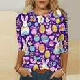 thumbnail image 1 of Cavosen Happy Easter Women's Summer Tops and Blouses 3/4 Sleeve Bunny Eggs Print Pullover Blouse Round Neck Festival Shirts Vacation Holiday T Shirts Casual Dressy Purple L, 1 of 5