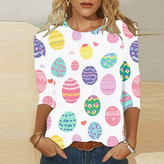 Cavosen Happy Easter Women's Tops 3/4 Sleeve Dressy Summer Cute Eggs Print Pullover Blouse Crewneck Festival Shirts Vacation Holiday Tee Shirts Loose Trendy Athletic T Shirts 2XL